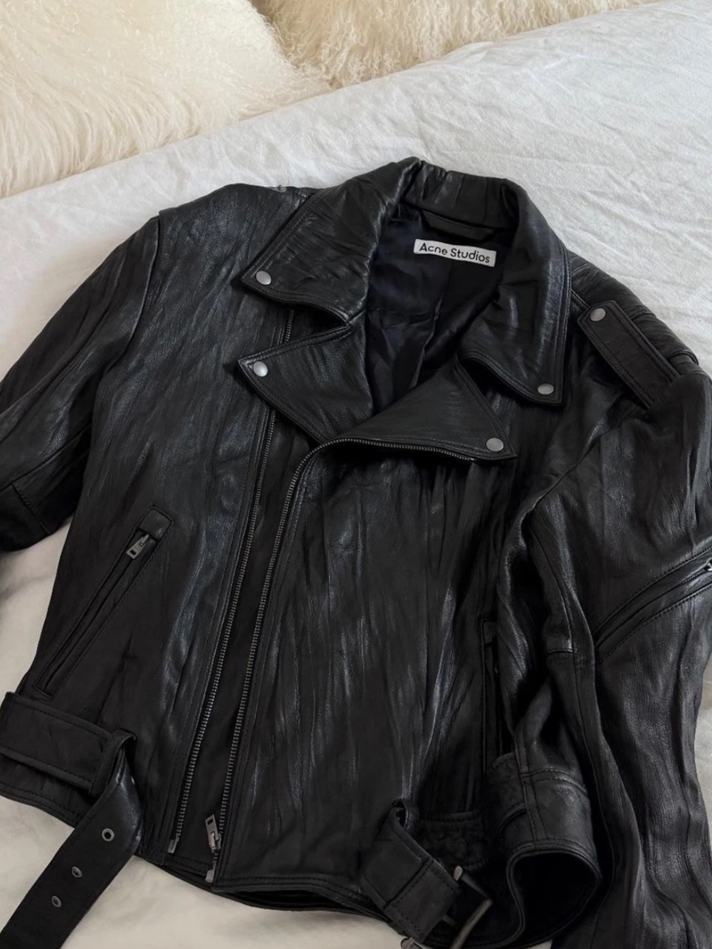 Acne Studios Black Crinkled Leather Biker Jacket